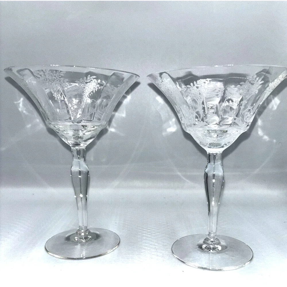 2 Champagne Coupes Sherbet Glasses Margantown Mayfair Cordial Floral Etched